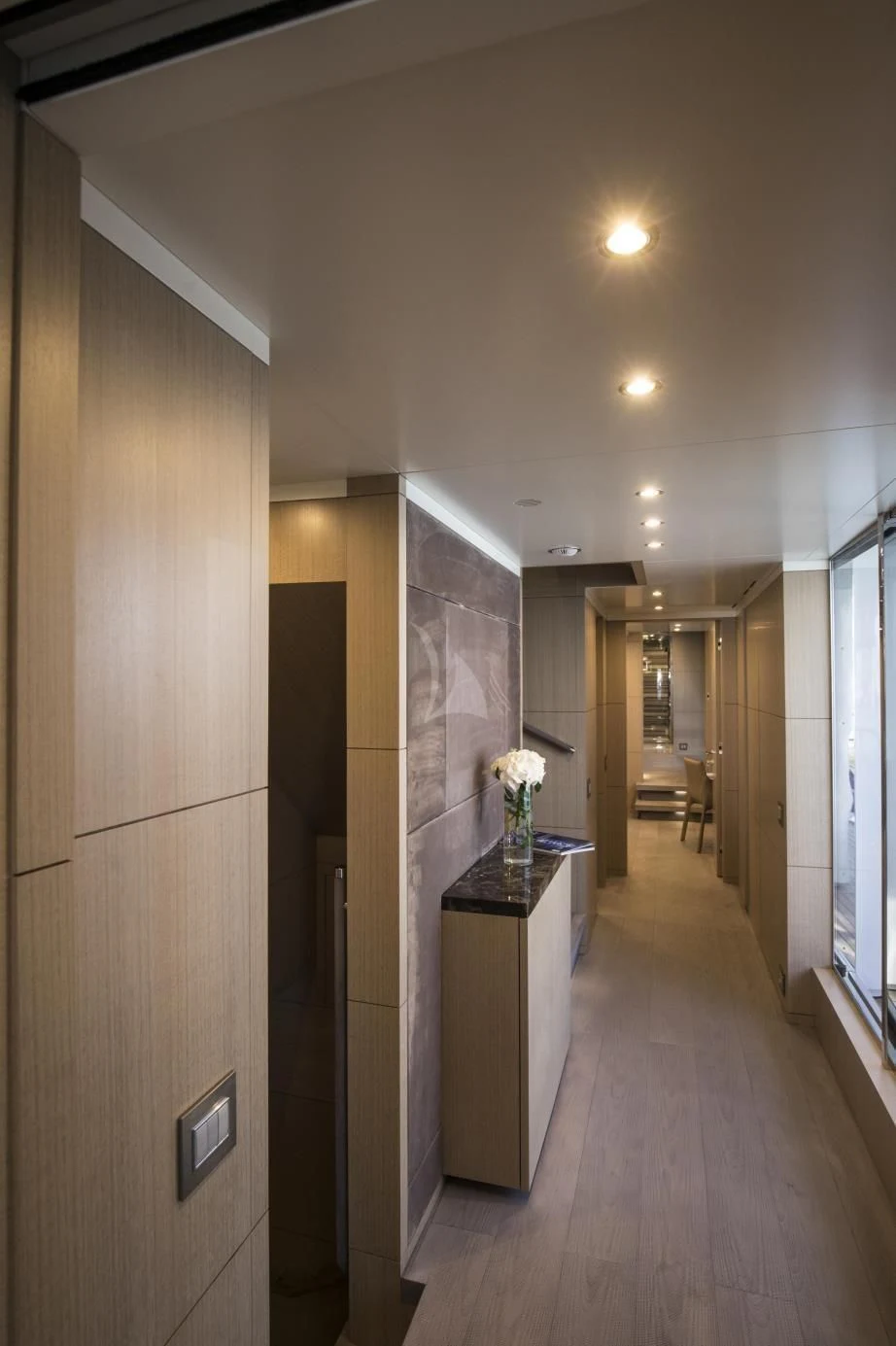a hallway with a large mirror aboard ALEGRE Yacht for Sale