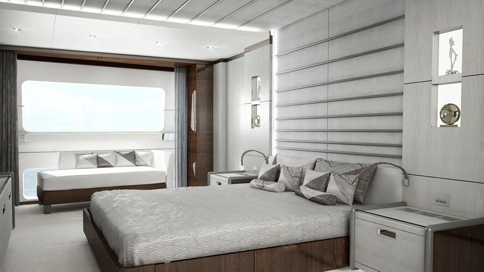 a room with a bed and a window aboard ALEGRE Yacht for Sale