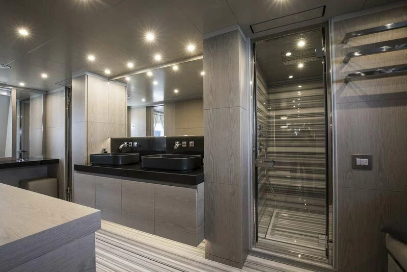 a kitchen with a large glass door aboard ALEGRE Yacht for Sale
