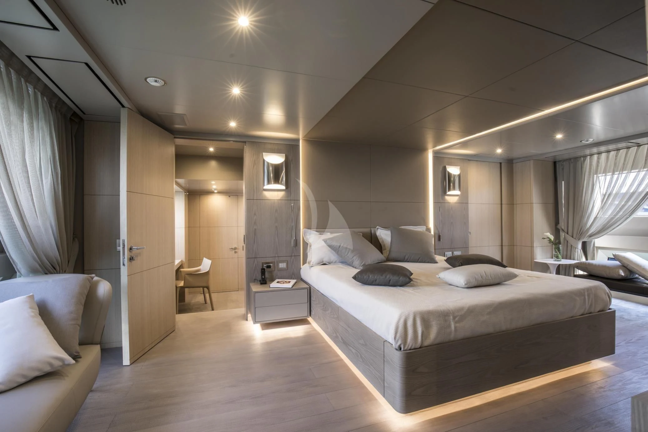 a large bedroom with a bed aboard ALEGRE Yacht for Sale