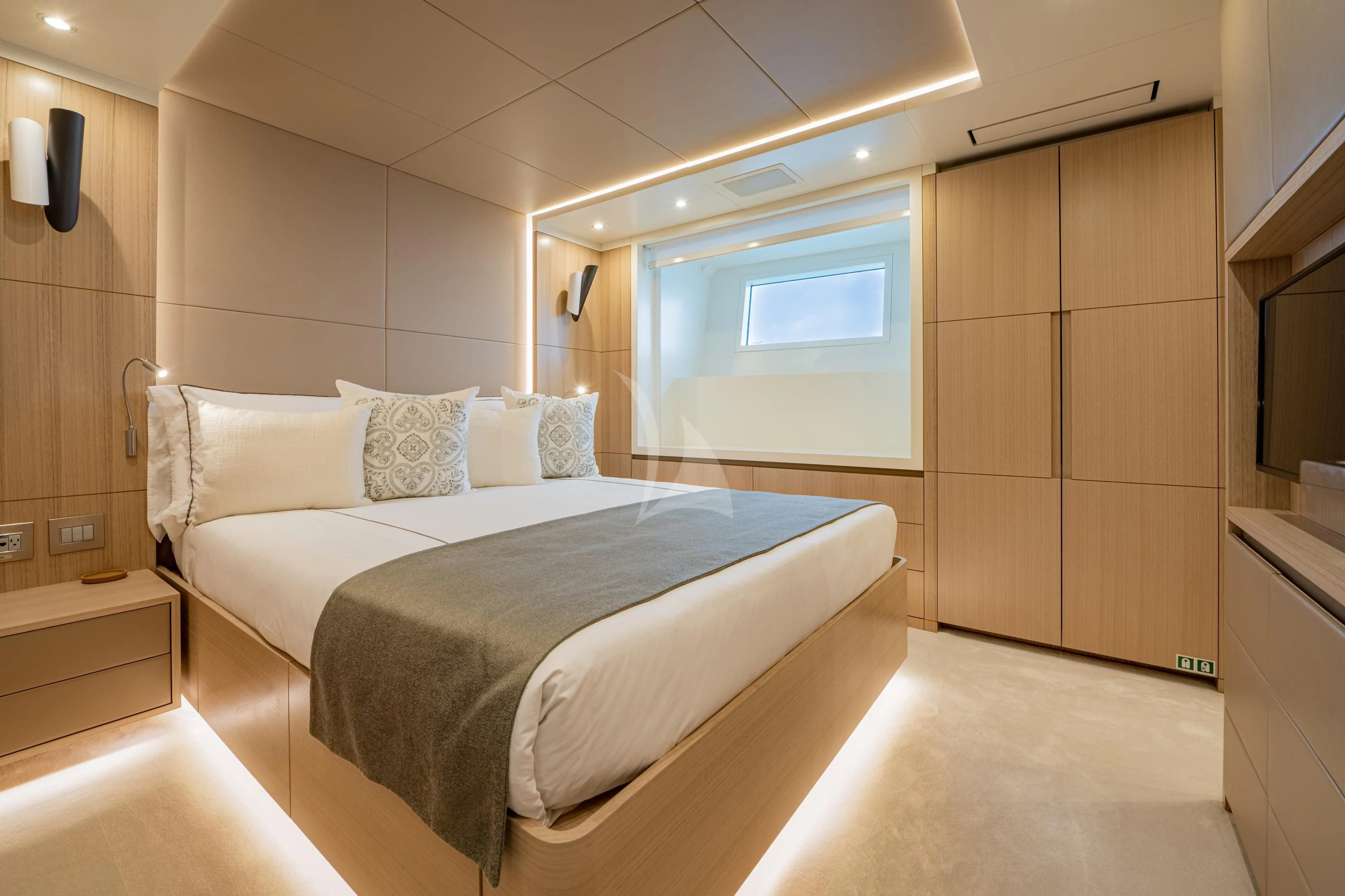 a bed in a room aboard ALEGRE Yacht for Sale