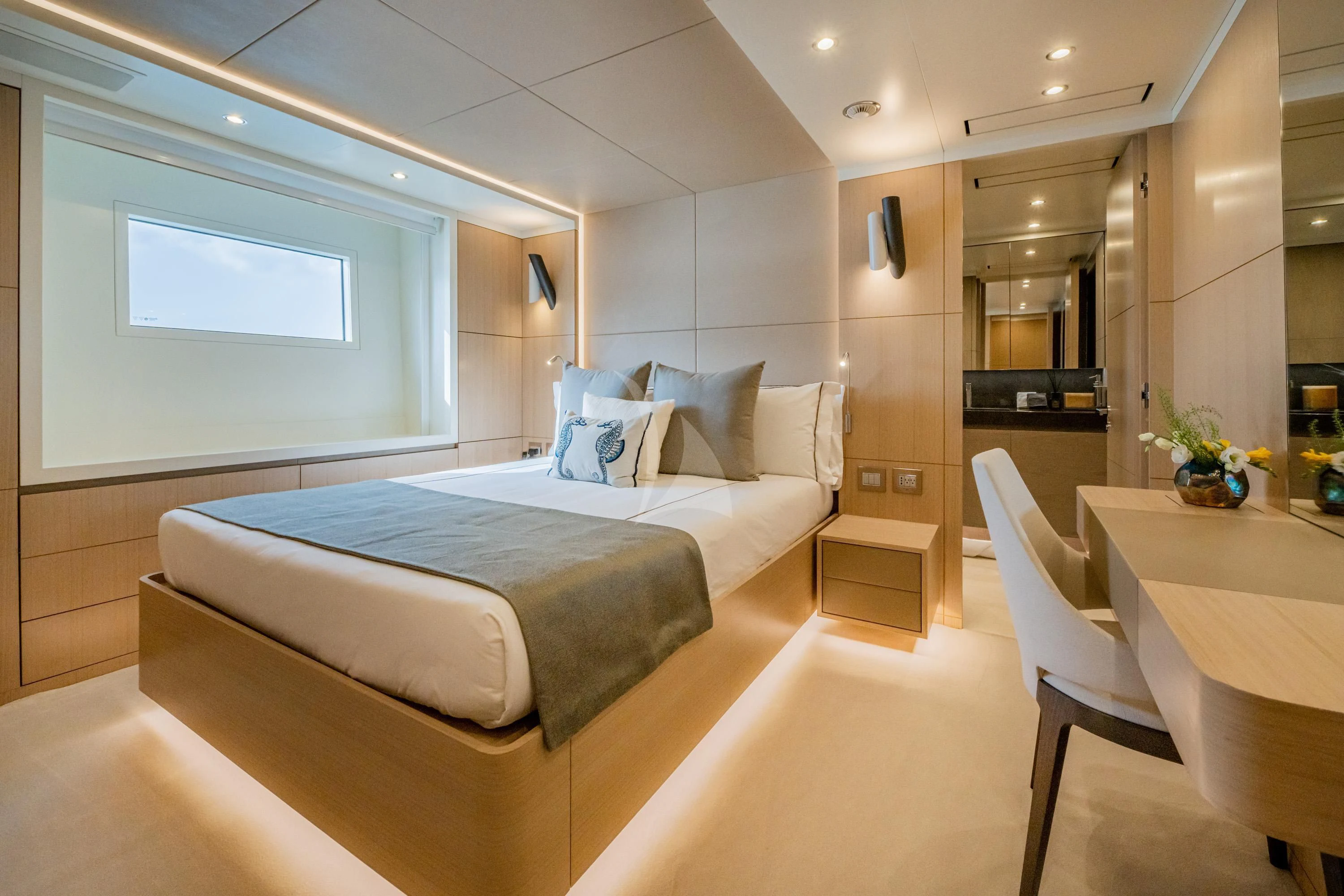 a modern bedroom with a bed aboard ALEGRE Yacht for Sale
