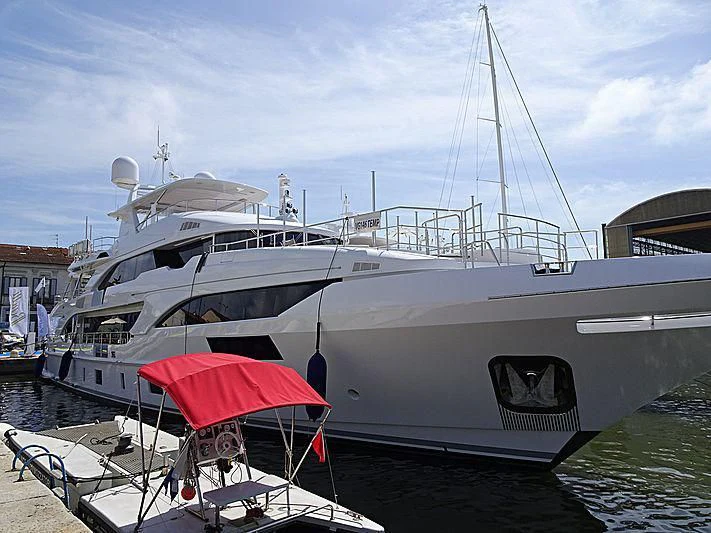 a boat docked at a pier aboard ALEGRE Yacht for Sale