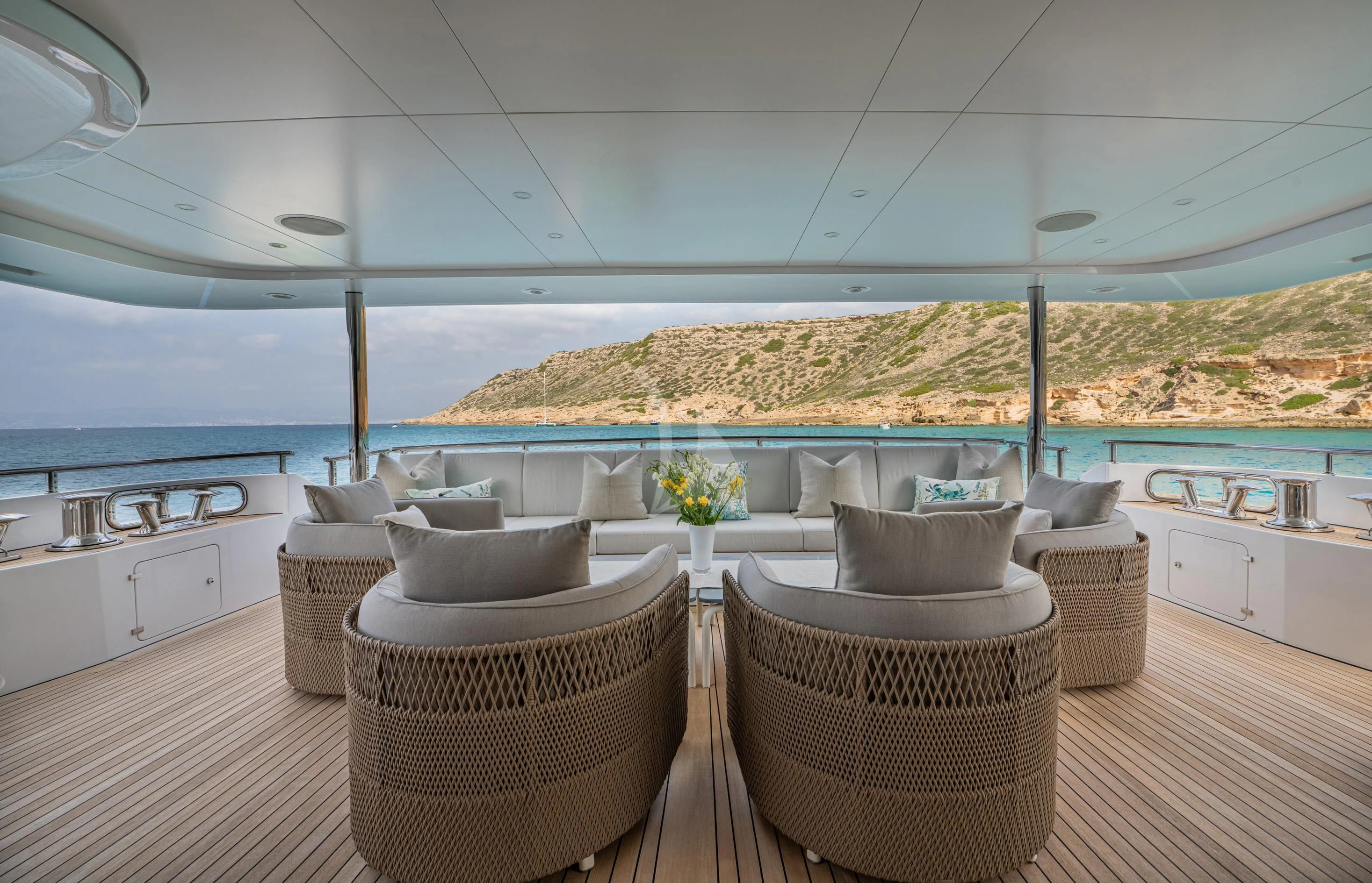 a room with chairs and tables aboard ALEGRE Yacht for Sale