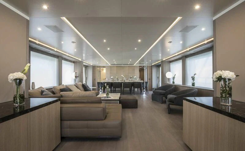 a living room with a large window aboard ALEGRE Yacht for Sale