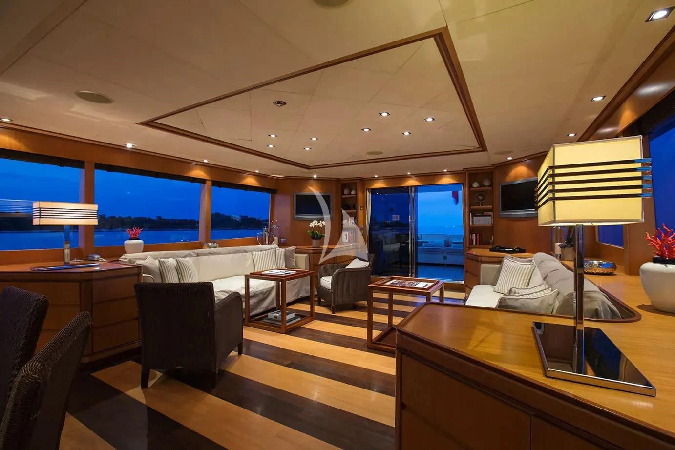 a room with a large window and a desk with a large window aboard CAPPUCCINO Yacht for Sale