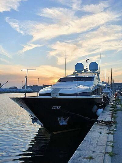a boat docked at a pier aboard CAPPUCCINO Yacht for Sale