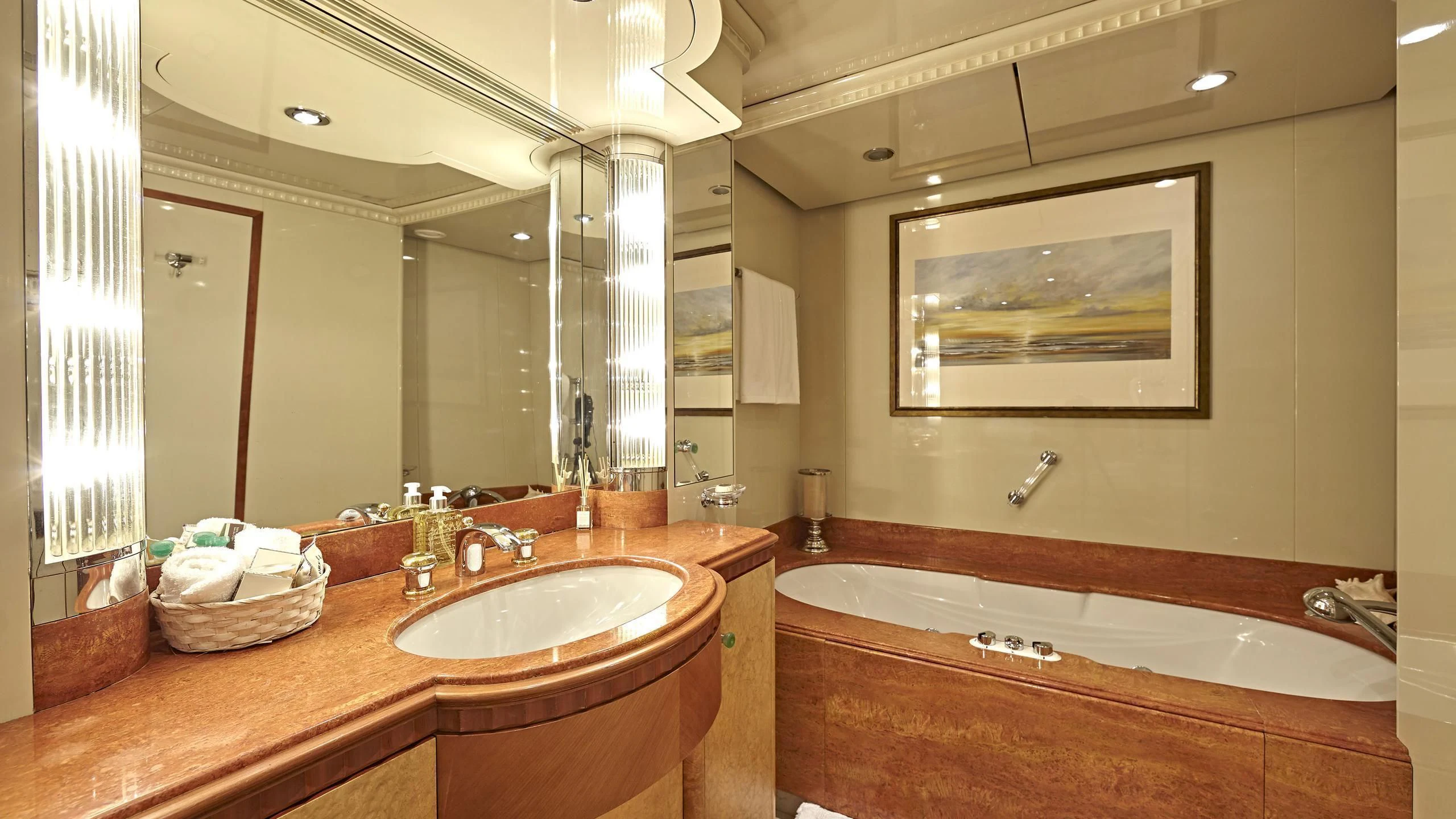 a bathroom with a large mirror aboard AZUL V Yacht for Charter