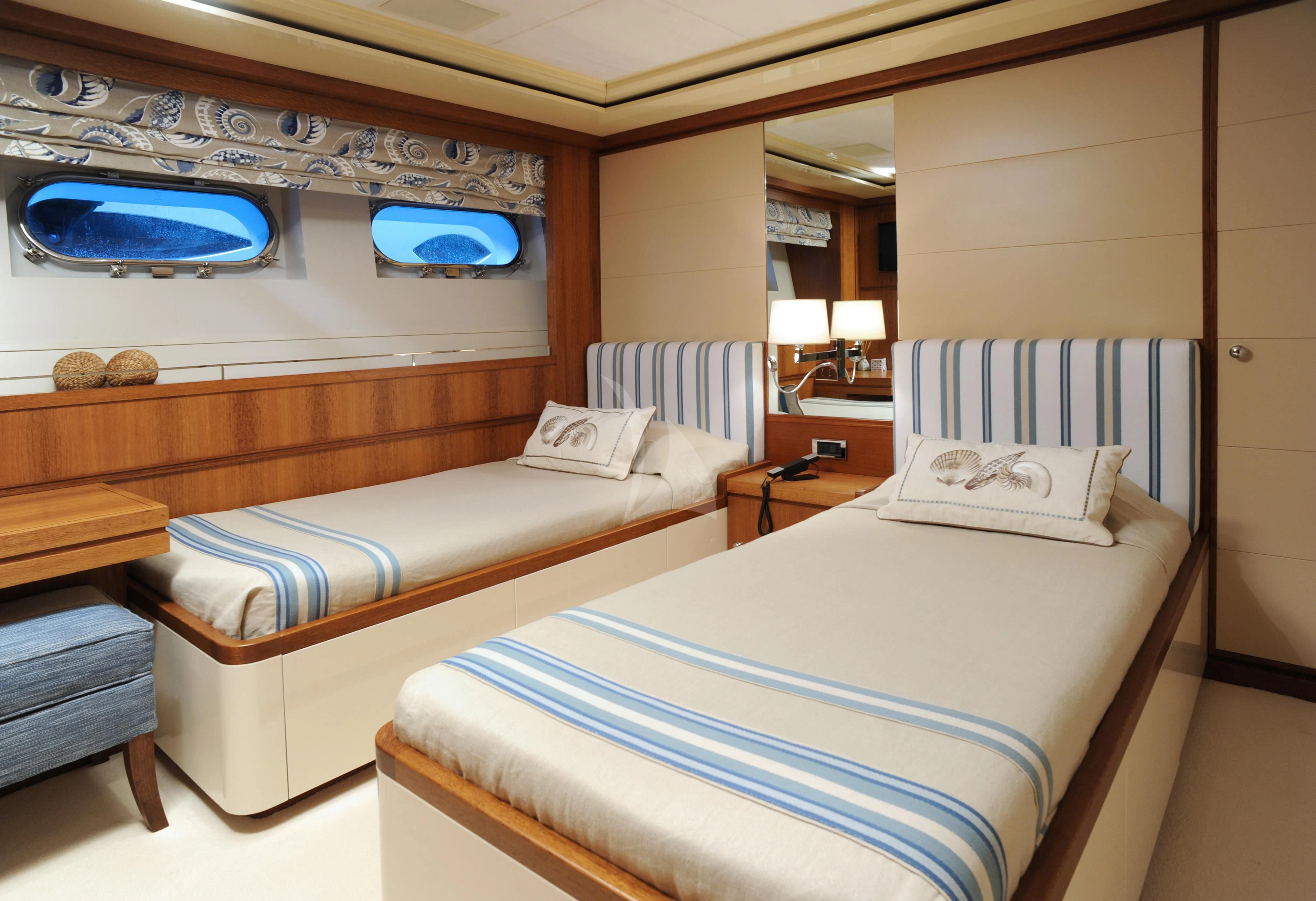 a room with two beds aboard IRAVATI Yacht for Sale