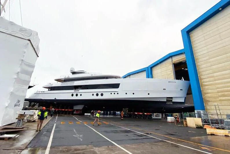 a large white ship docked aboard BRAVISSIMA Yacht for Sale