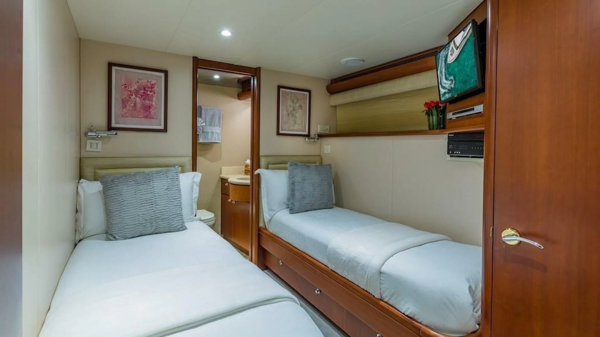 a room with two beds aboard LADY LORRAINE Yacht for Sale