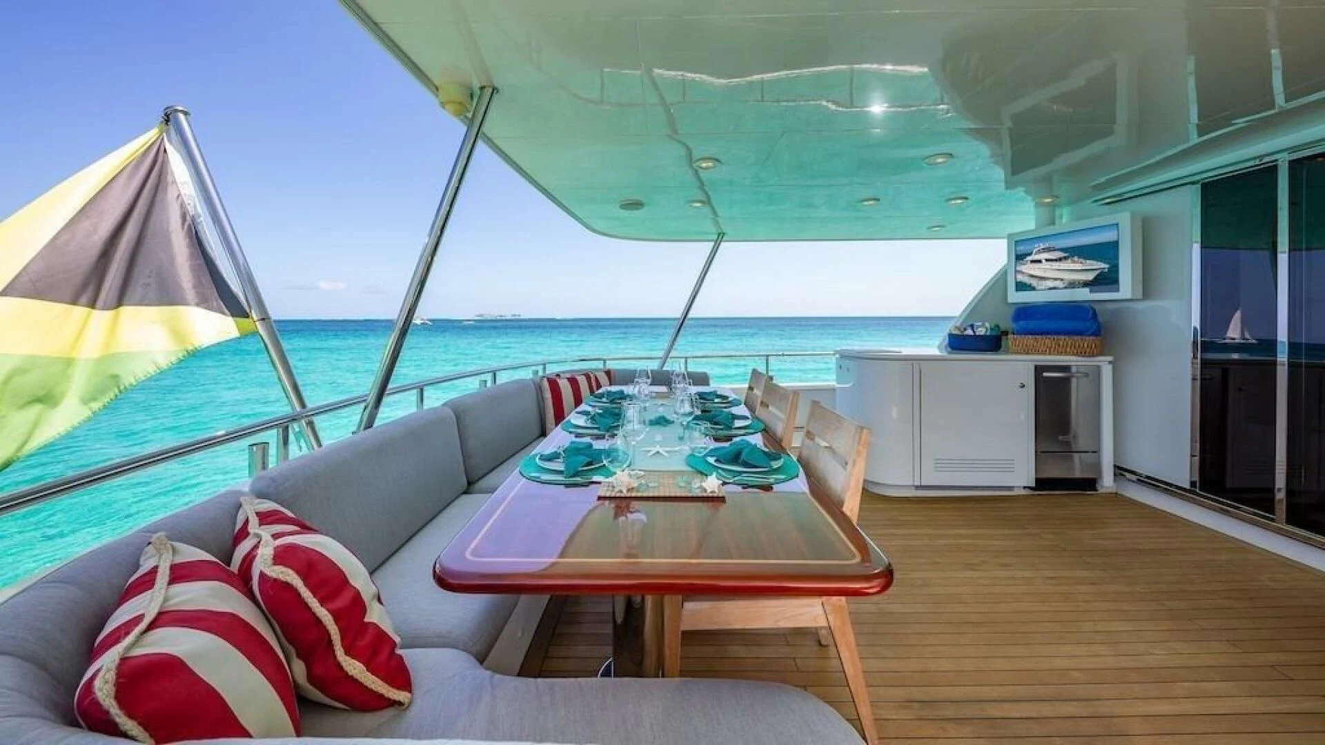 a living room with a large tent aboard LADY LORRAINE Yacht for Sale
