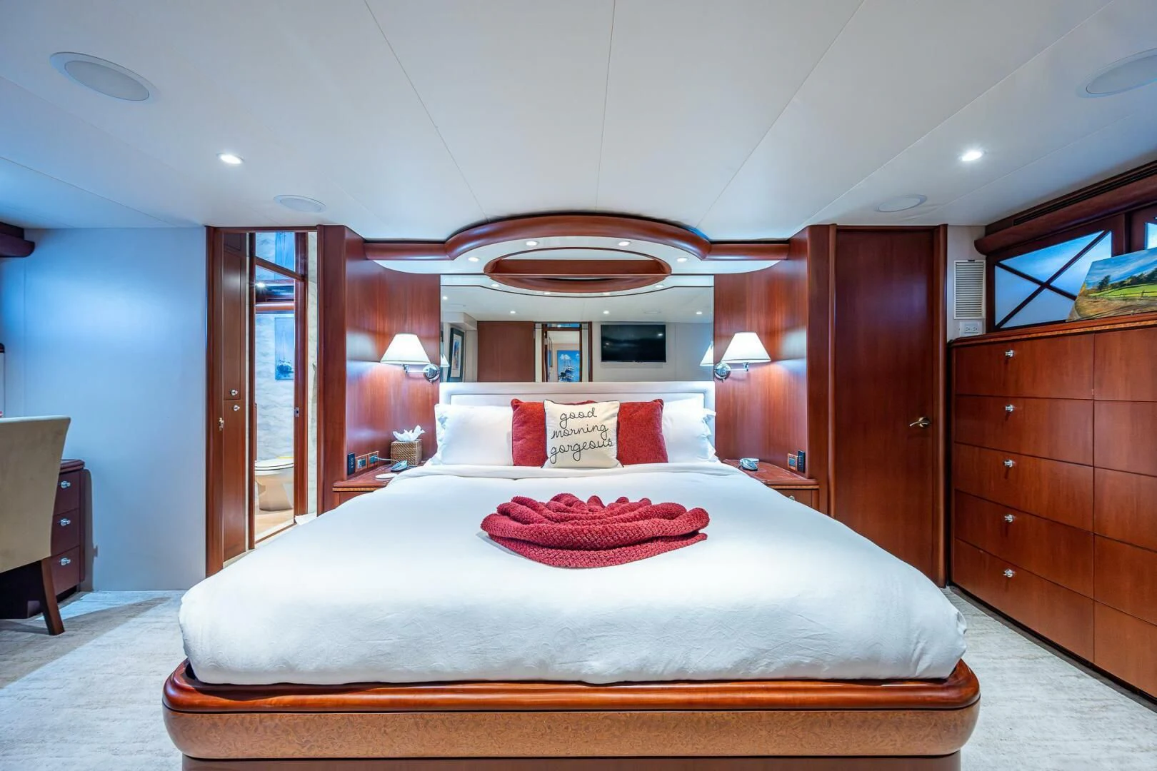 a large bed in a hotel room aboard LADY LORRAINE Yacht for Sale