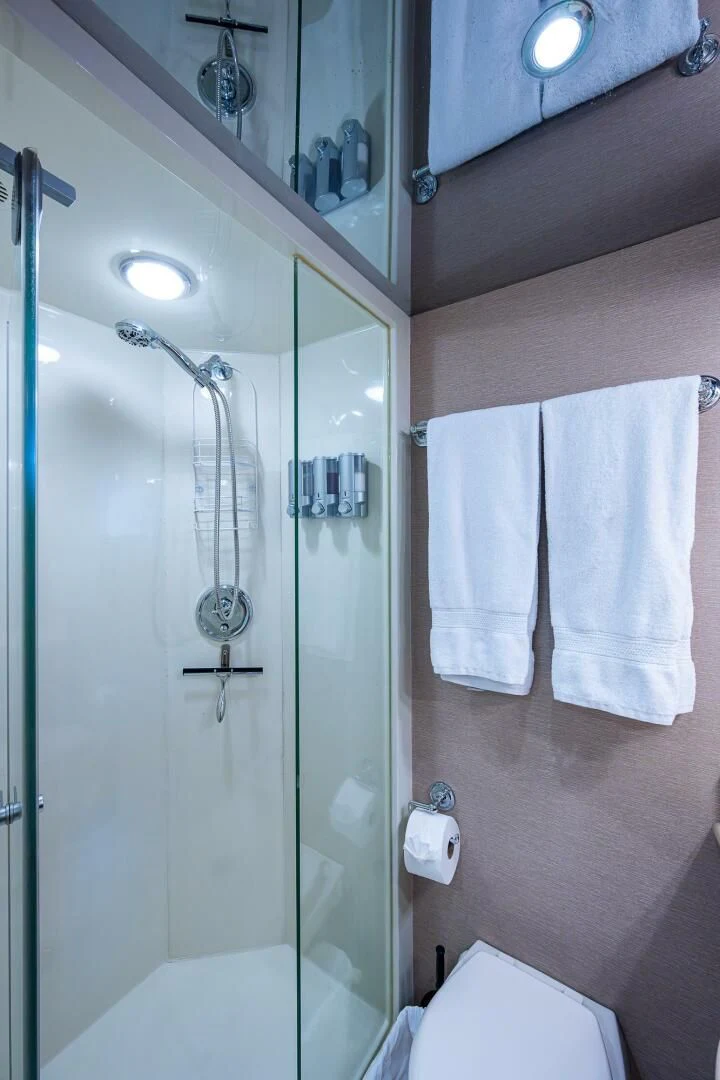 a shower with a glass door aboard LADY LORRAINE Yacht for Sale