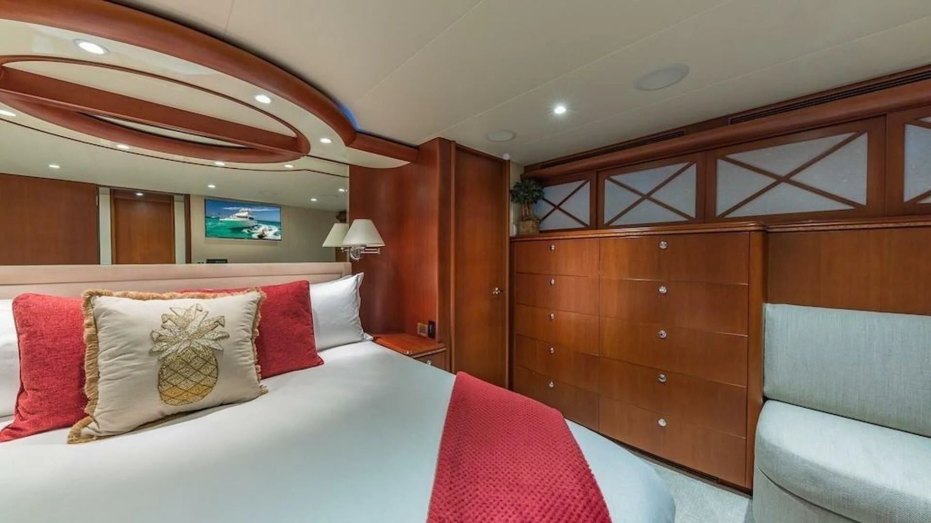 a bed in a room aboard LADY LORRAINE Yacht for Sale