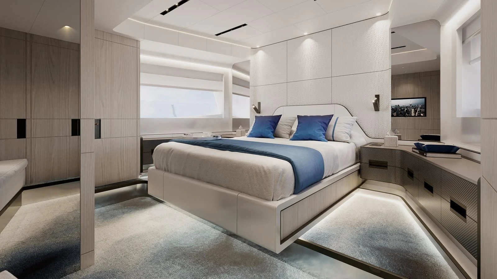 a room with a bed and desk aboard 2024 GLADIATOR 901 SPEED Yacht for Sale