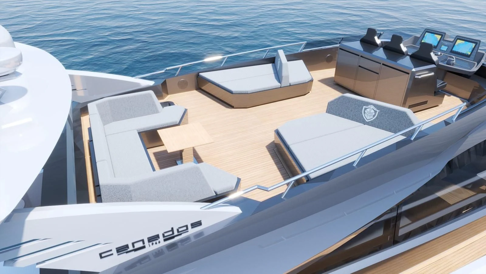 a boat with a deck and a deck and a deck with a view of the water aboard 2024 GLADIATOR 901 SPEED Yacht for Sale
