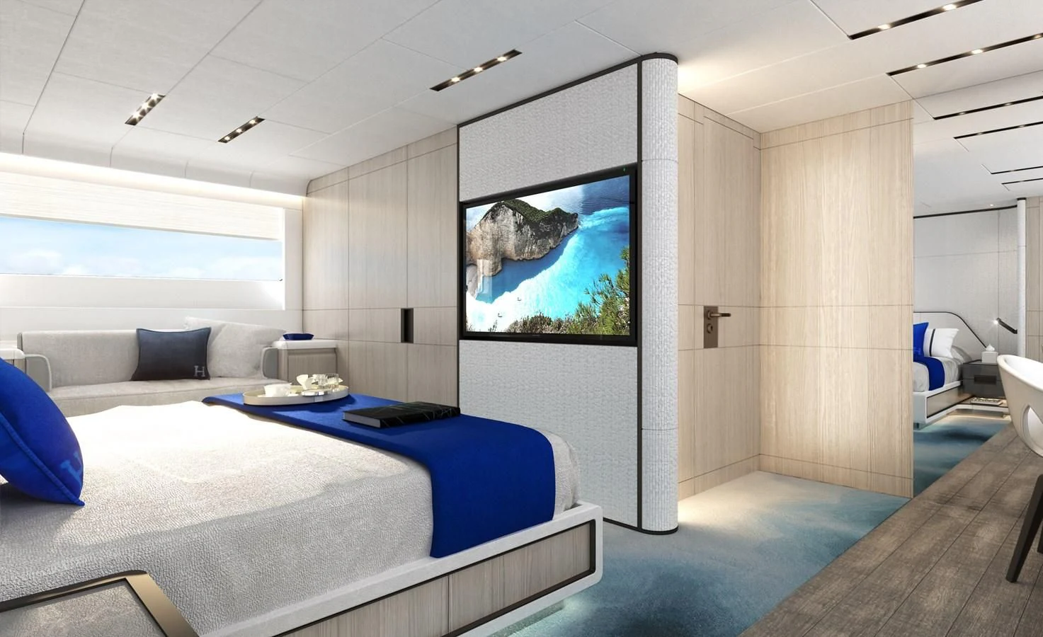 a room with a bed and a couch aboard 2024 GLADIATOR 901 SPEED Yacht for Sale