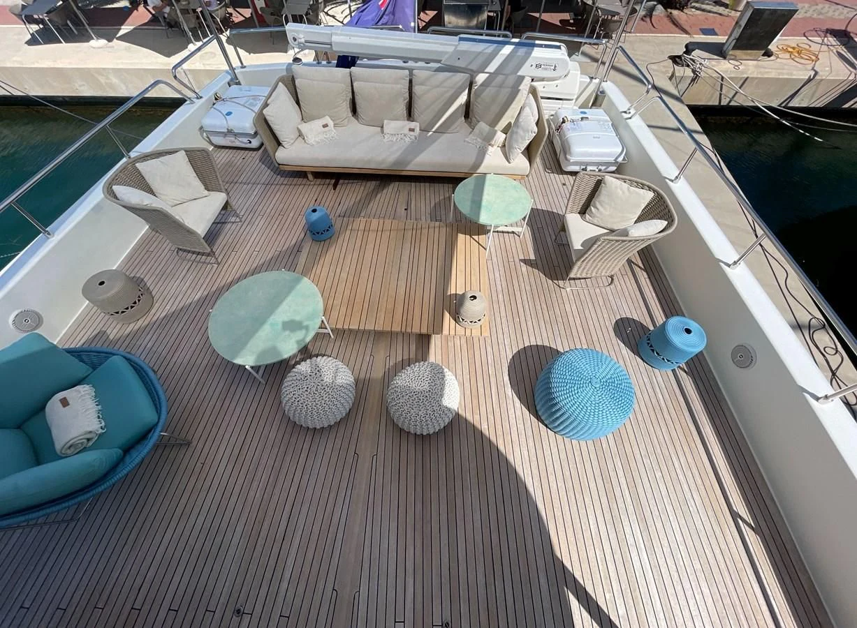 a boat with blue and white polka dots on it aboard BIM Yacht for Sale