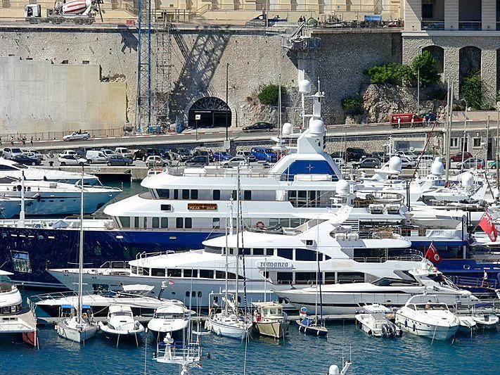 a group of boats are parked in a harbor aboard GRAND MARIANA Yacht for Sale