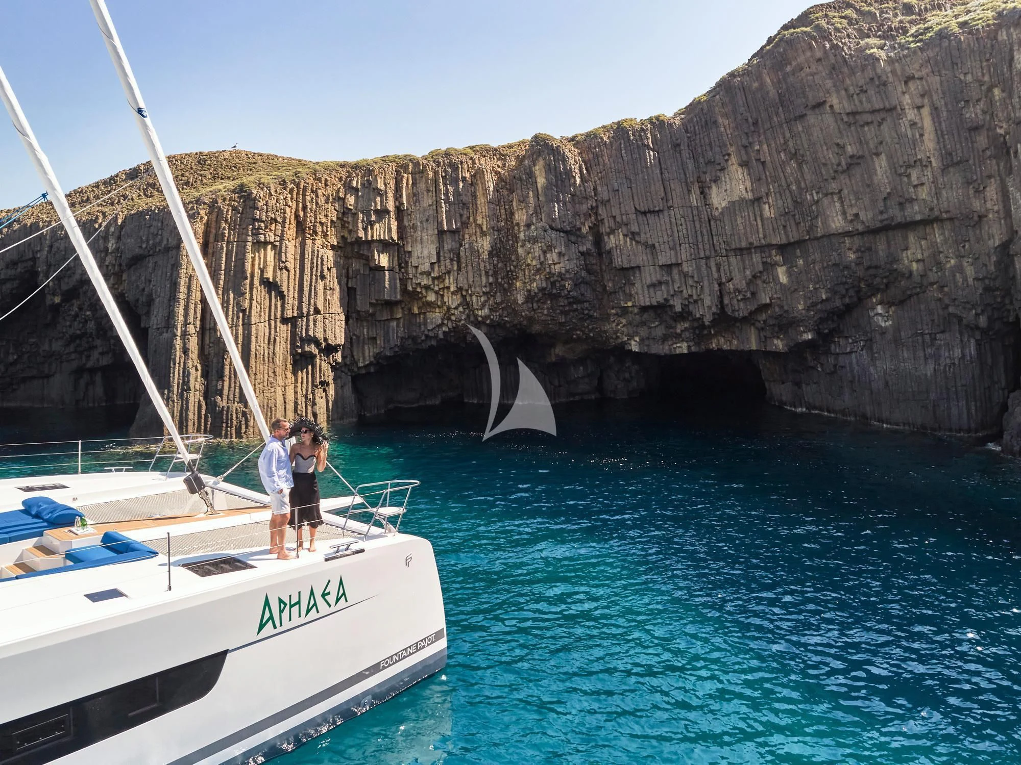two people on a boat in the water aboard APHAEA Yacht for Charter