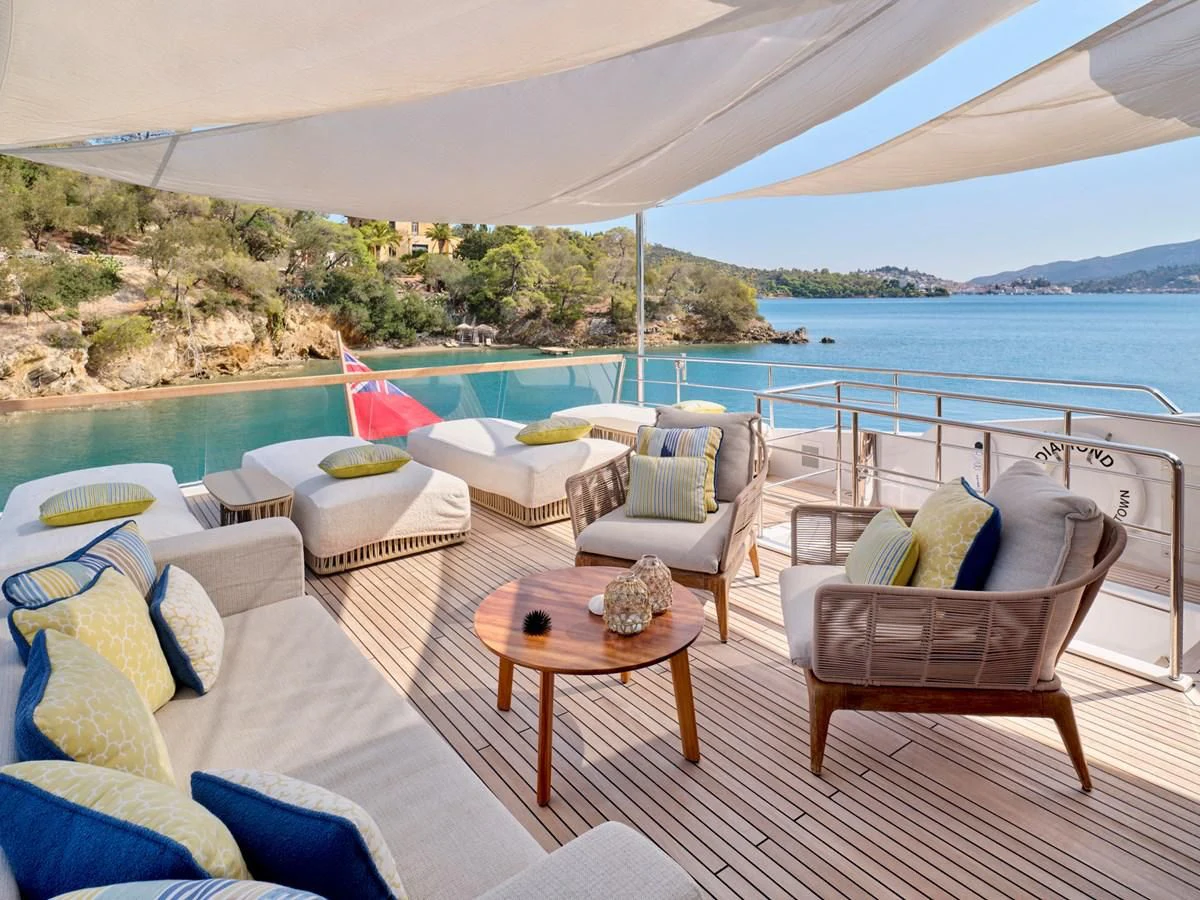 a patio with a table and chairs aboard RARE DIAMOND Yacht for Sale
