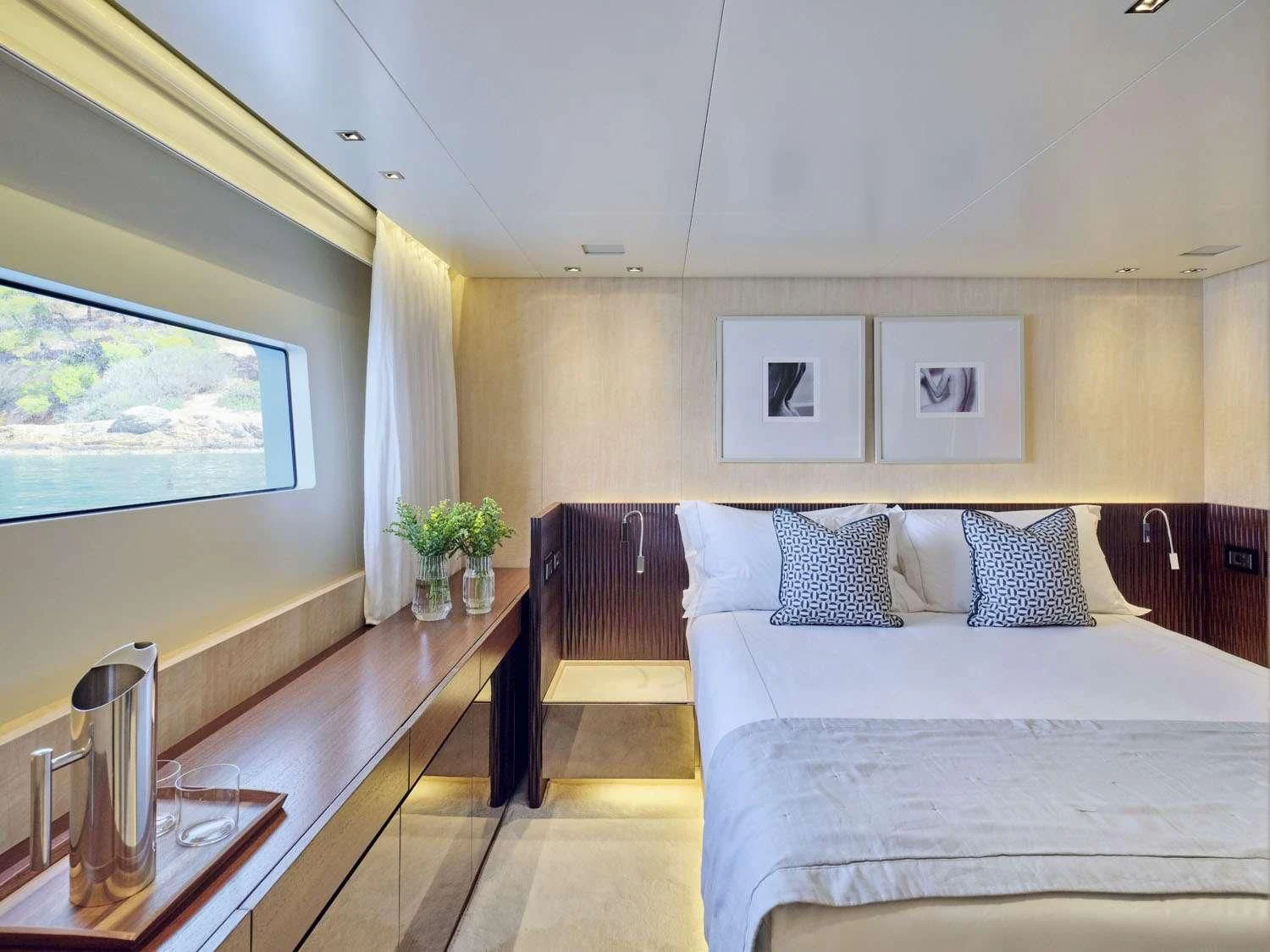 a hotel room with a couple beds aboard RARE DIAMOND Yacht for Sale