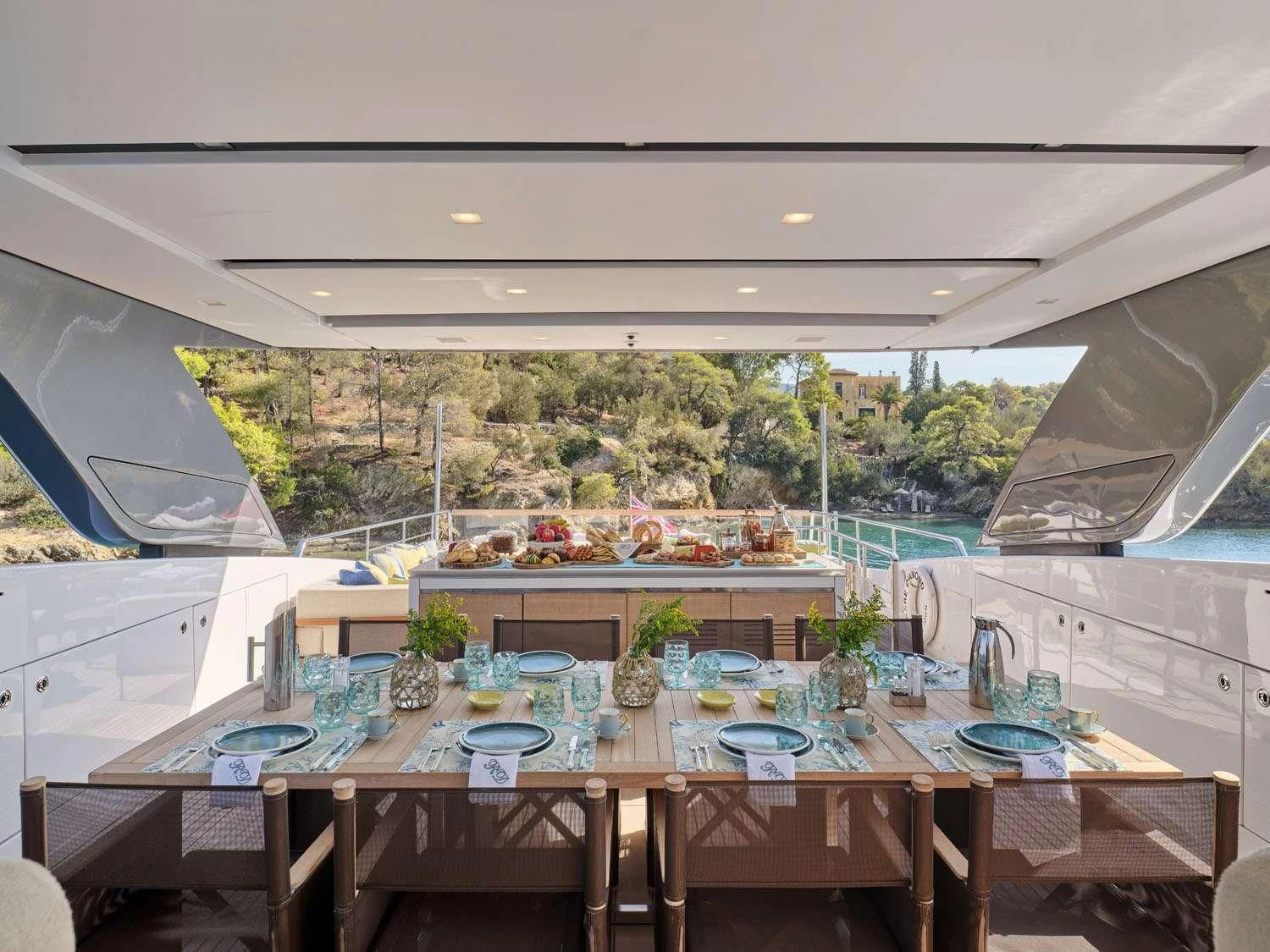 a large kitchen with a large glass window aboard RARE DIAMOND Yacht for Sale