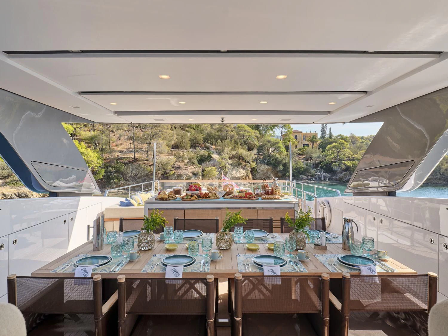 a large kitchen with a large glass window aboard RARE DIAMOND Yacht for Sale