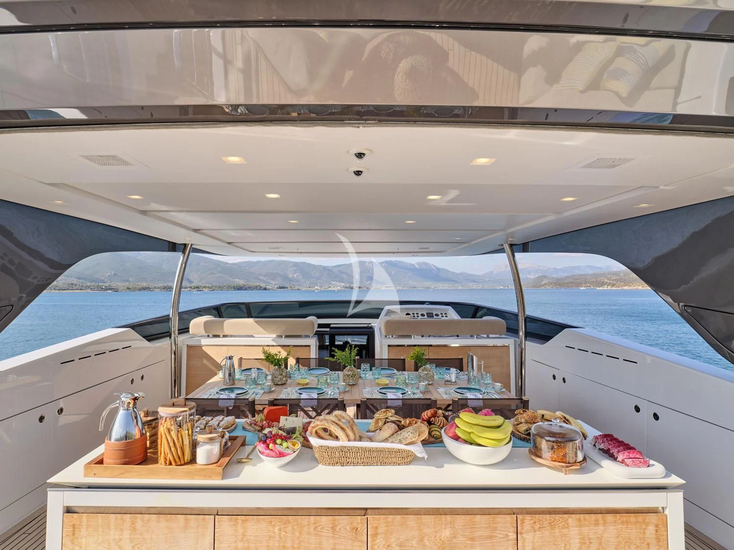 a kitchen with food on the counter aboard RARE DIAMOND Yacht for Sale