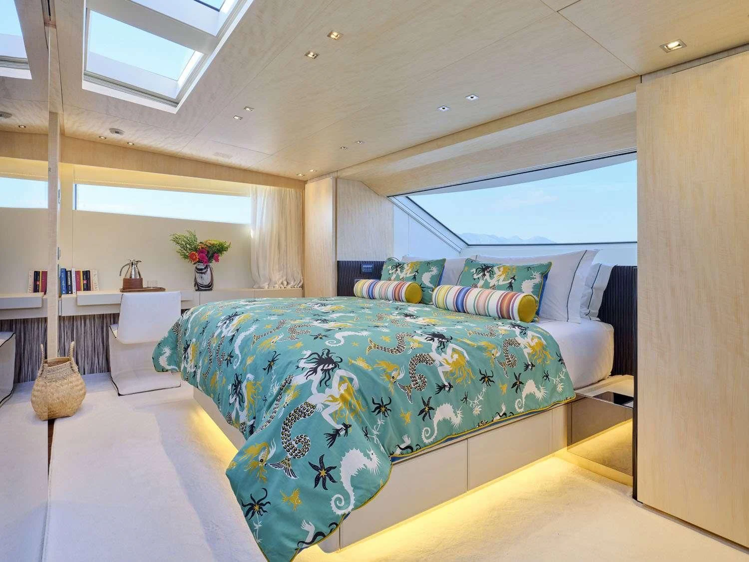 a large bedroom with a large bed aboard RARE DIAMOND Yacht for Sale