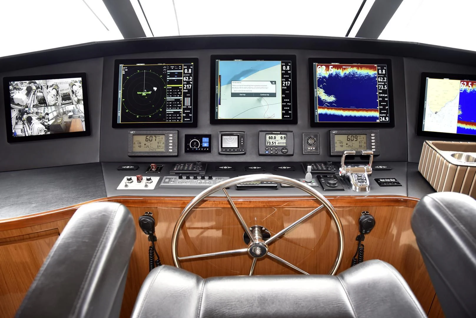 a control panel with monitors and controls aboard SALTY K Yacht for Sale
