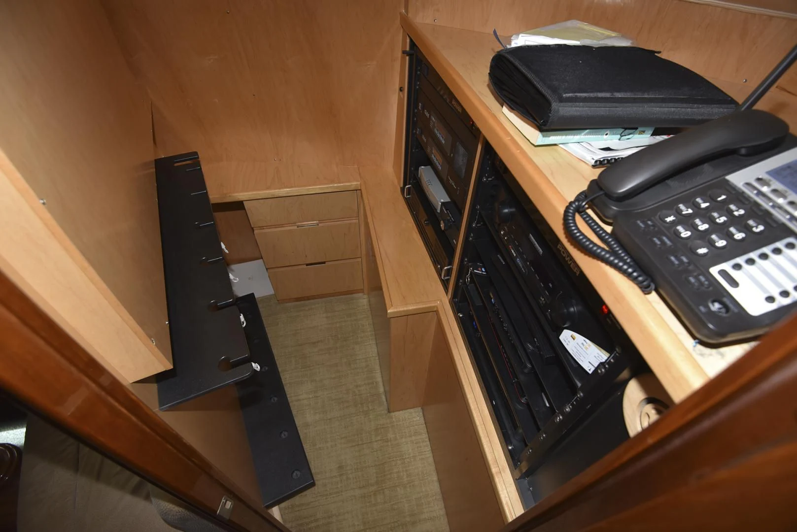 a desk with a computer and a printer aboard SALTY K Yacht for Sale