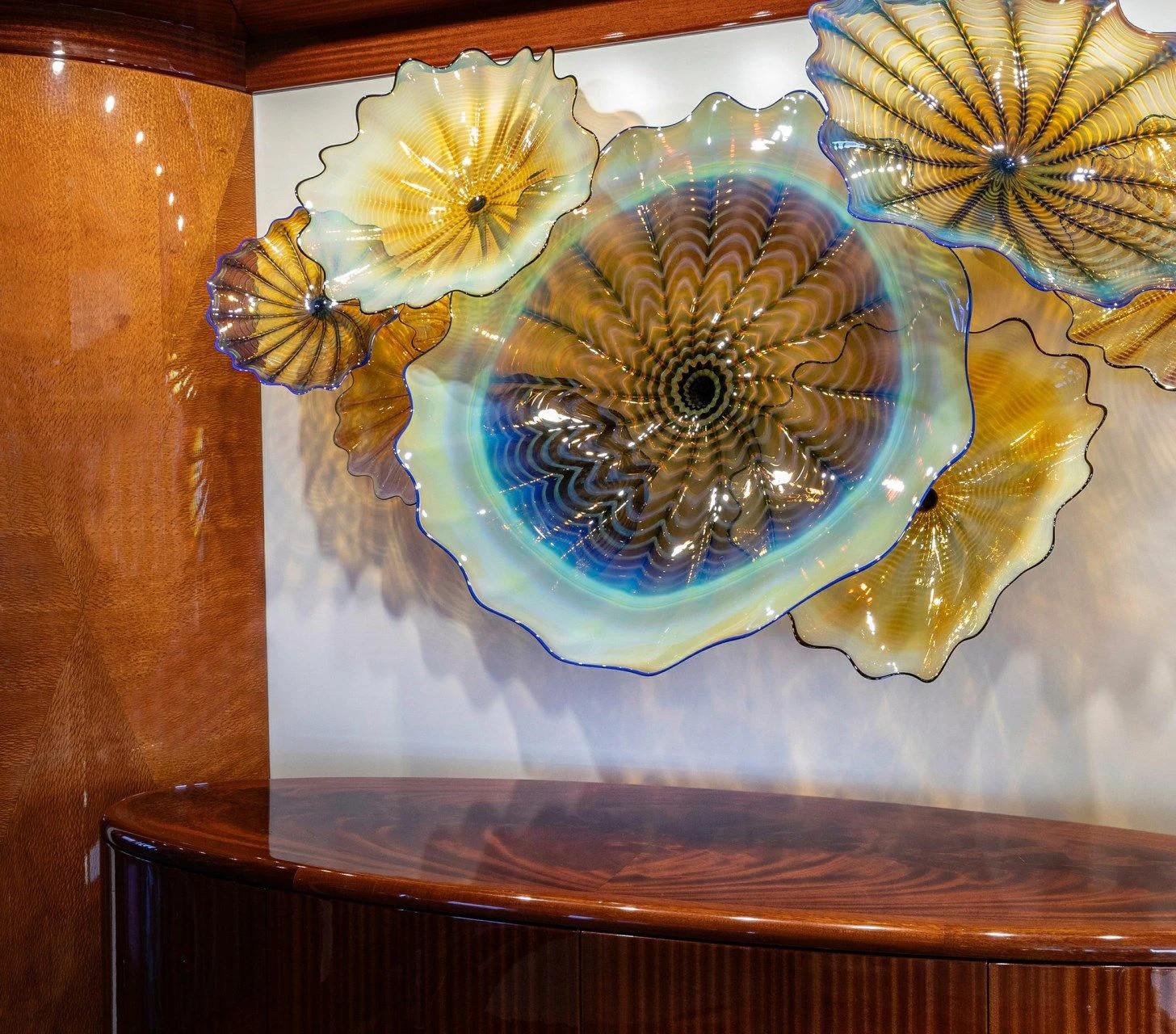 a glass bowl with a flower in it aboard DRIVEN Yacht for Sale