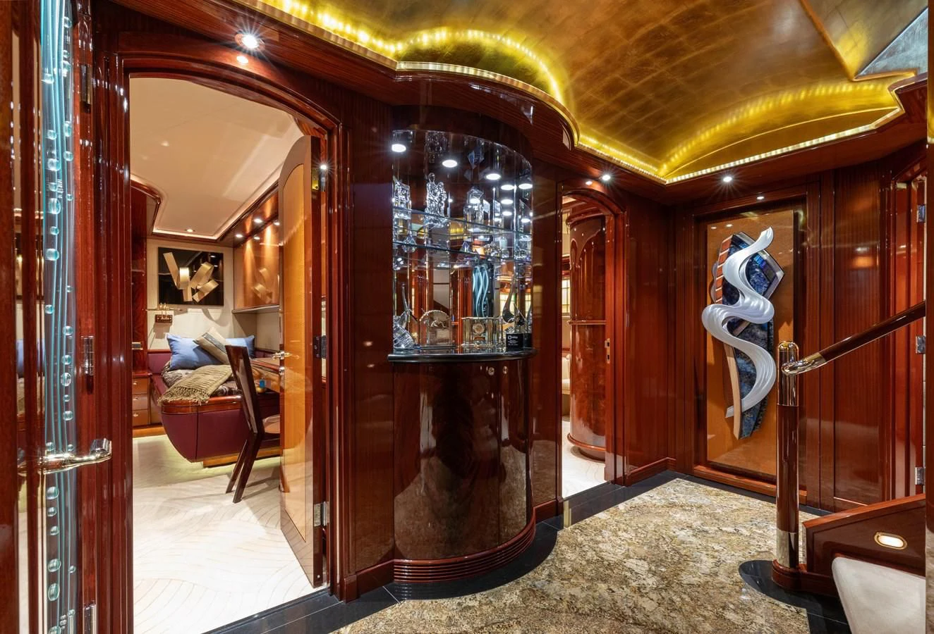 a room with a statue aboard DRIVEN Yacht for Sale