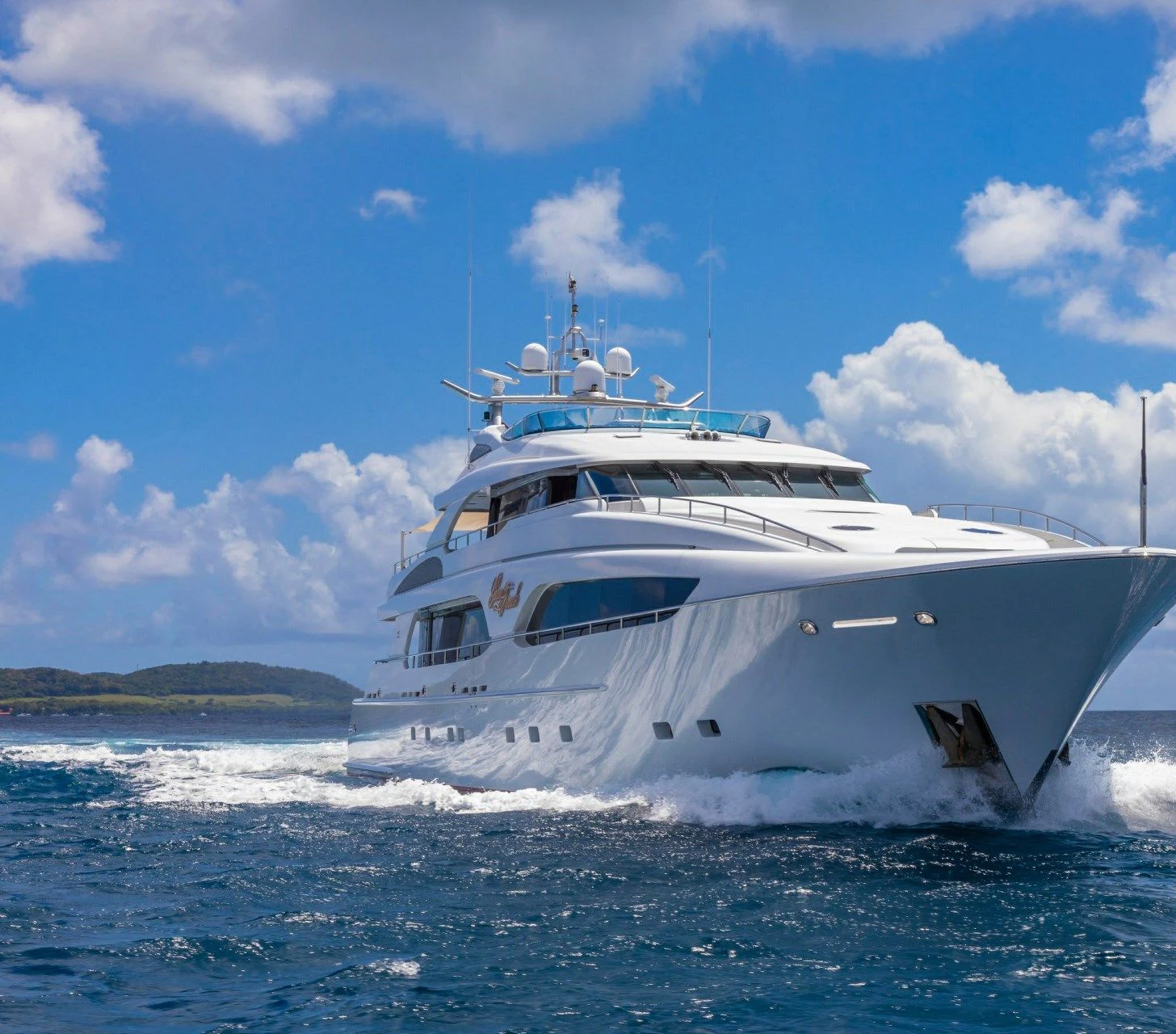 a white yacht on the water aboard DRIVEN Yacht for Sale