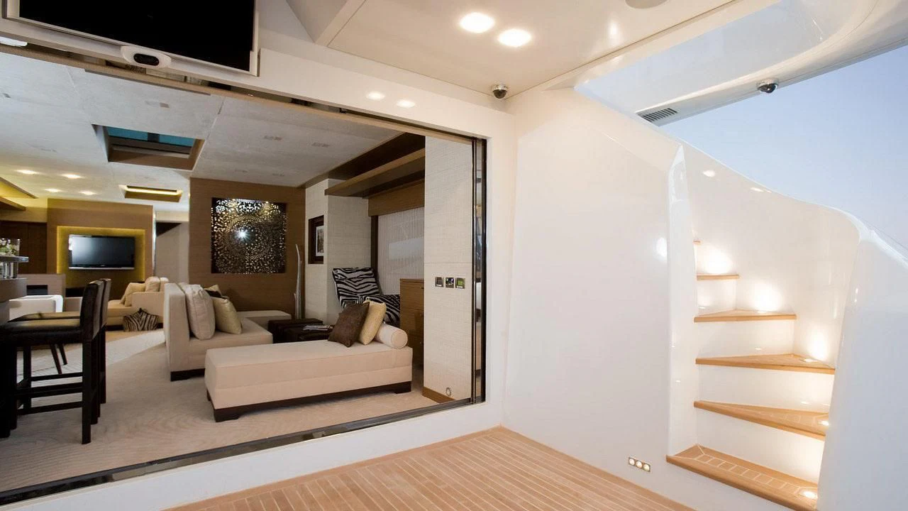 a modern looking living room aboard QHT Yacht for Sale