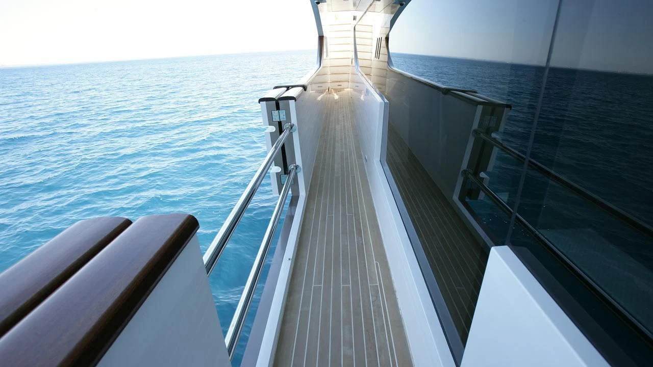 a long white bridge over water aboard QHT Yacht for Sale