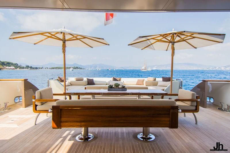 a table with umbrellas on it aboard QHT Yacht for Sale