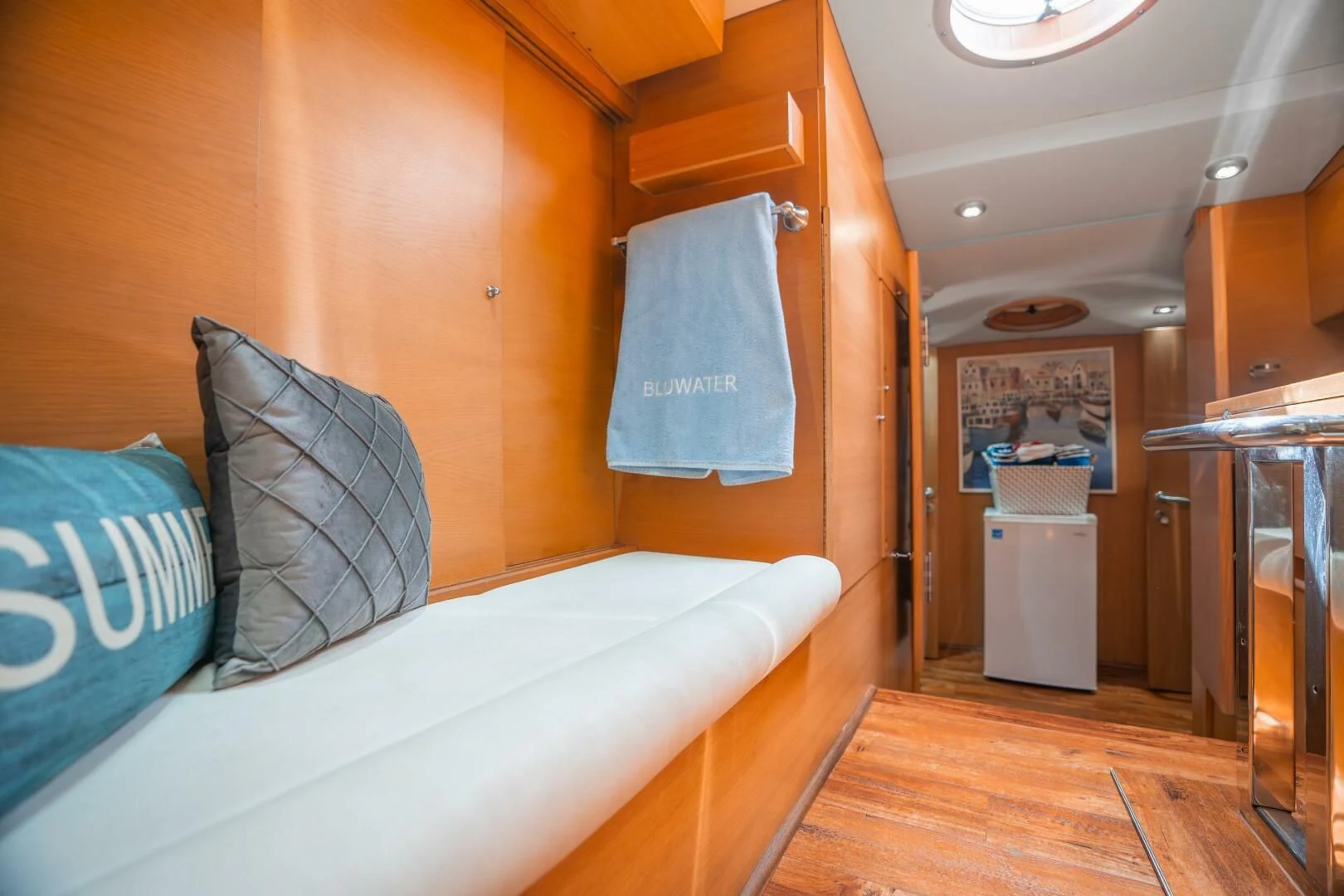 a bed in a room aboard BLUWATER Yacht for Sale