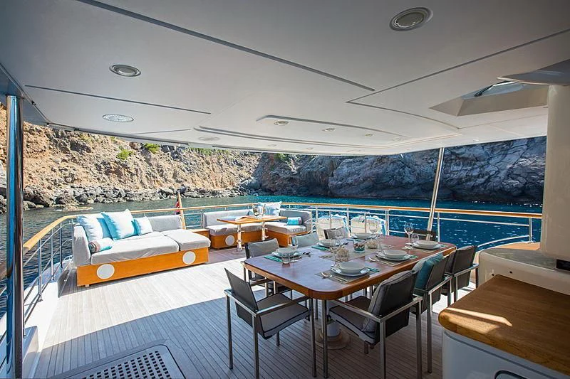 a room with a table and chairs aboard ELEFTHERIA Yacht for Sale