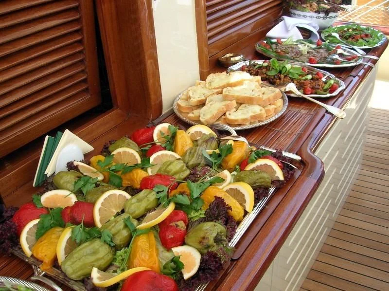 a table full of food aboard OFELIA Yacht for Sale
