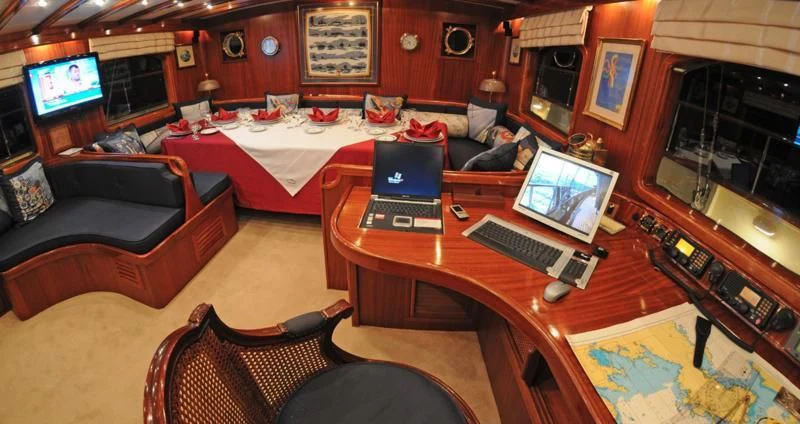 a living room with a laptop and a television aboard OFELIA Yacht for Sale