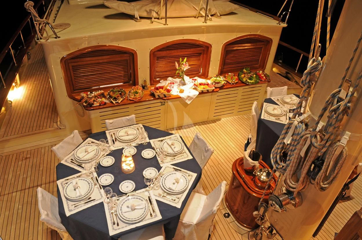 a dining table with plates and dishes aboard OFELIA Yacht for Sale