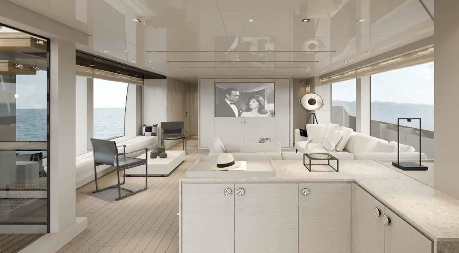 a large white kitchen with a large window aboard ADIOS Yacht for Charter