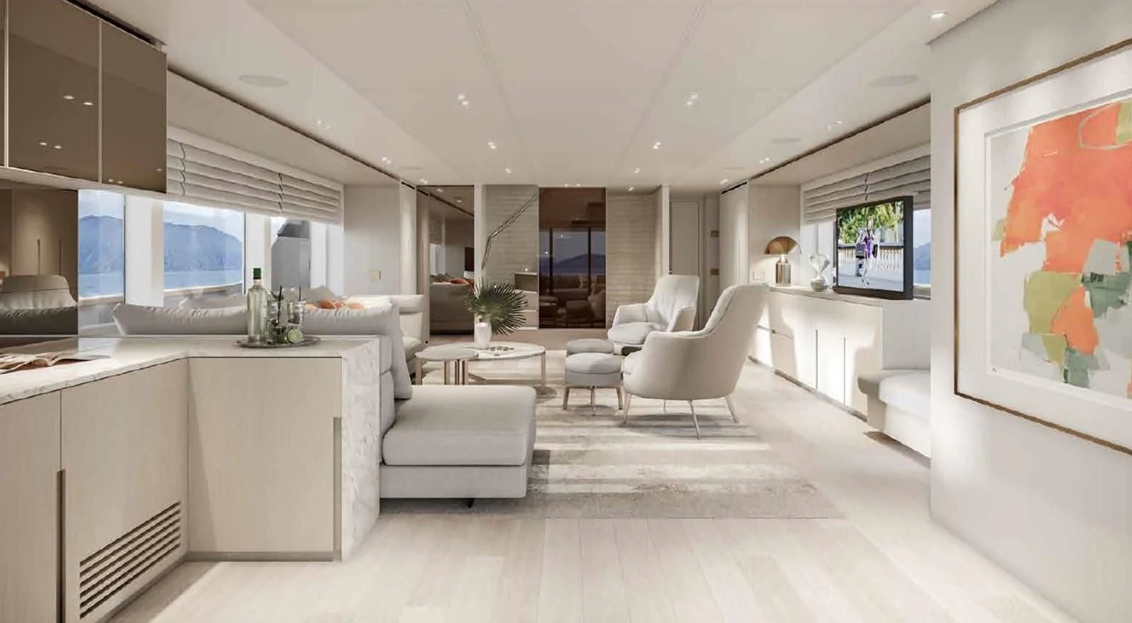 a modern looking living room aboard ADIOS Yacht for Charter