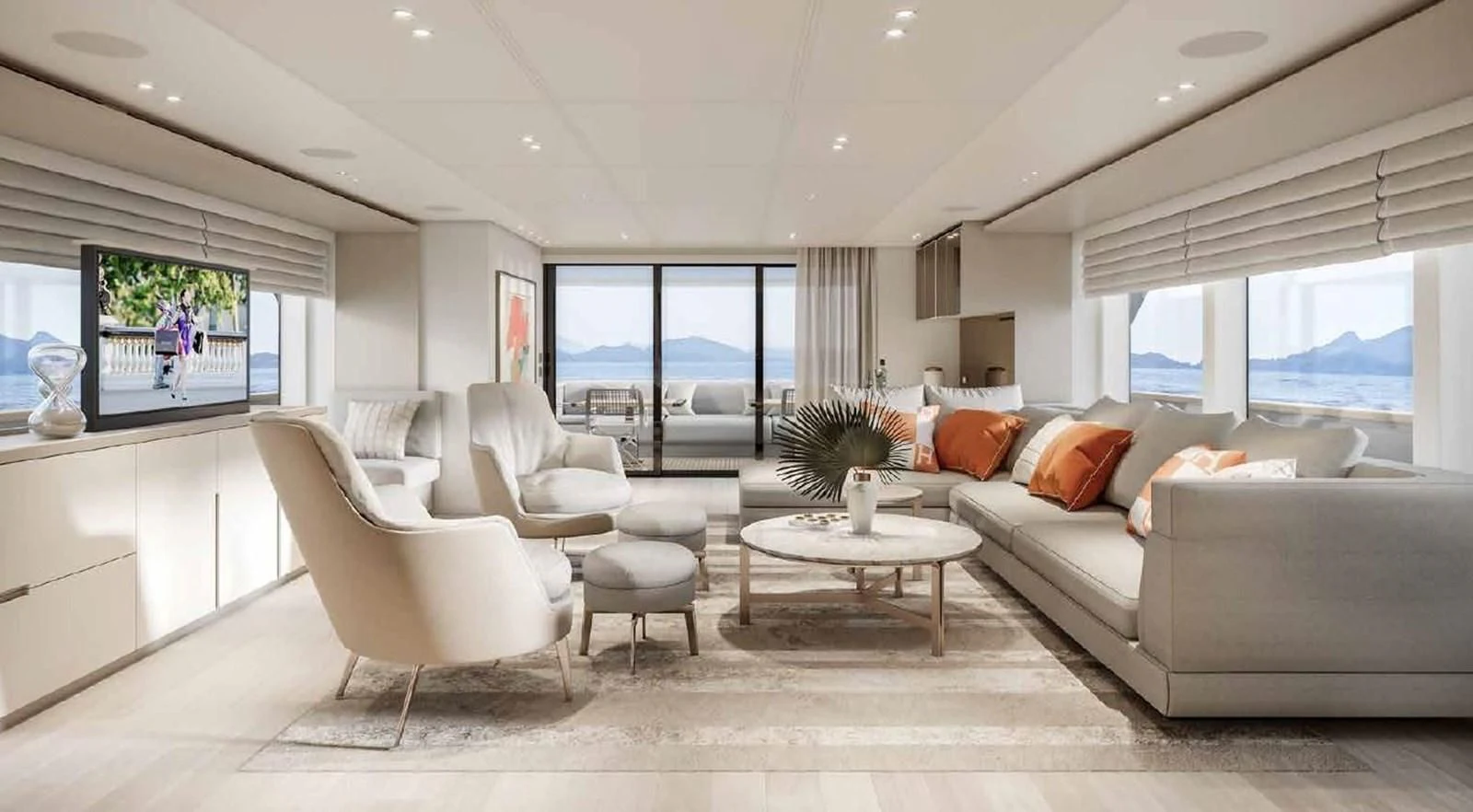 a living room with a large window aboard ADIOS Yacht for Charter