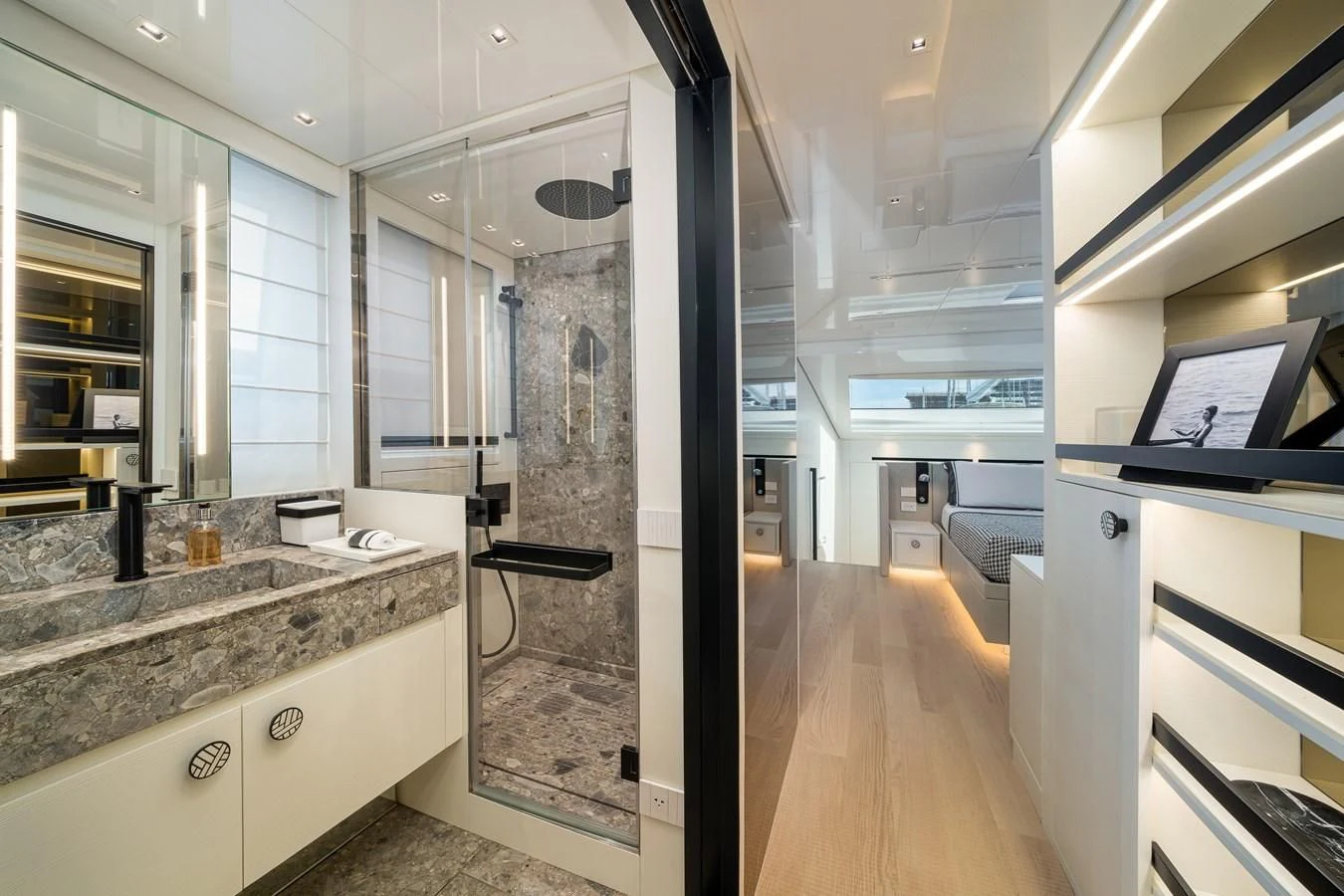 a modern looking bathroom aboard ADIOS Yacht for Charter