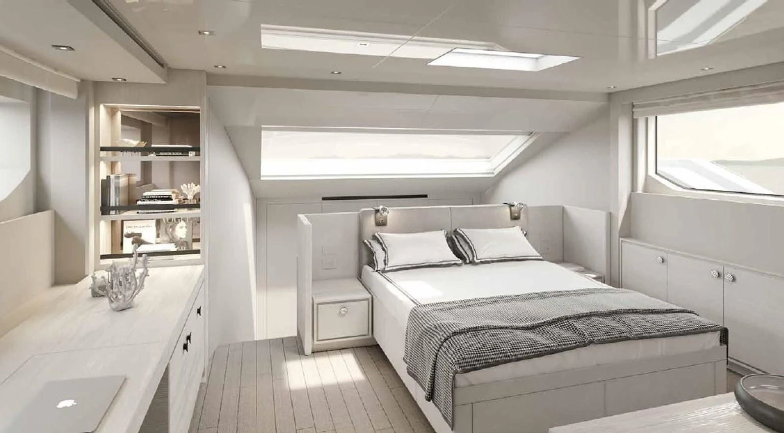 a bedroom with a bed and shelves aboard ADIOS Yacht for Charter