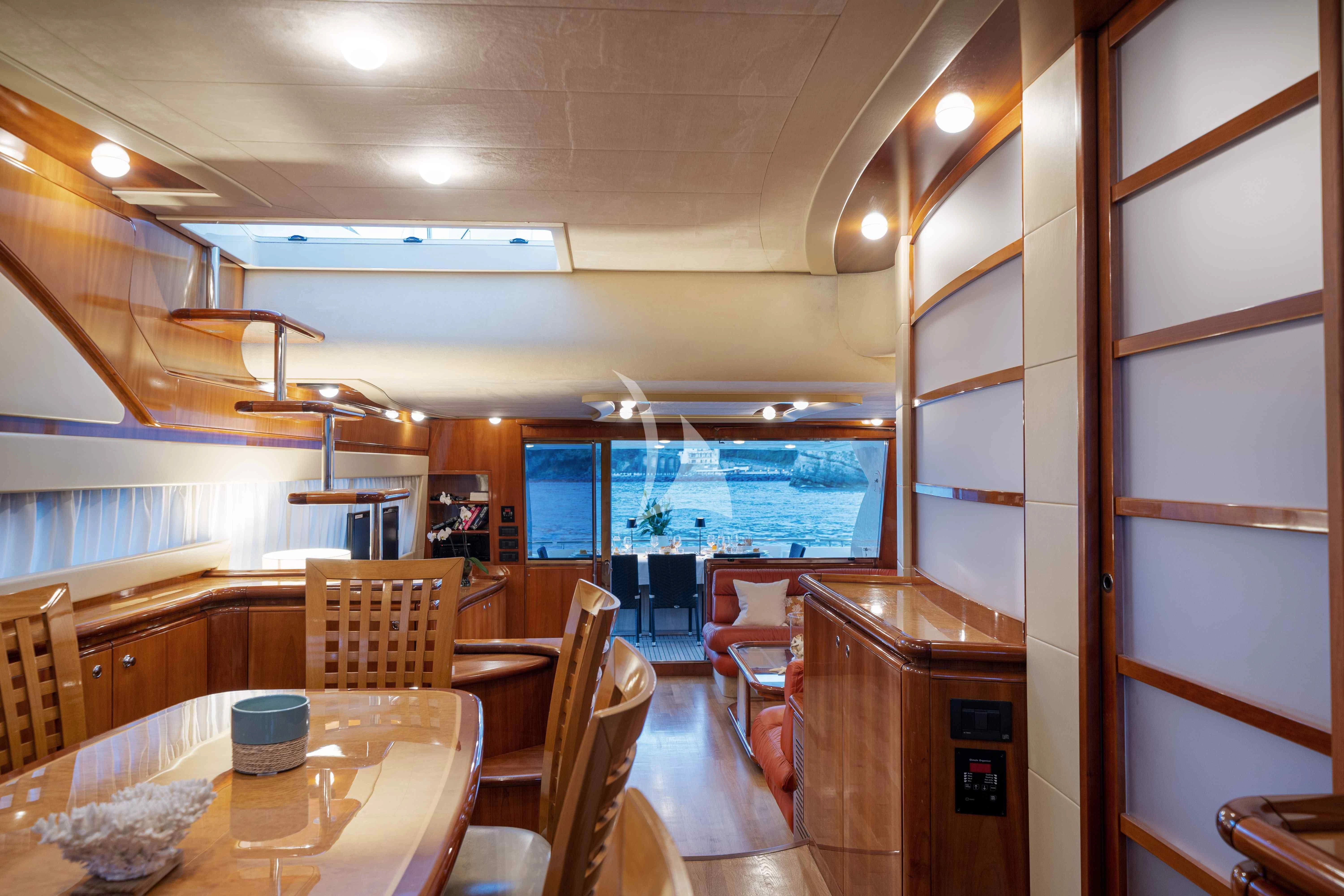 a room with tables and chairs aboard PAMPERO Yacht for Charter